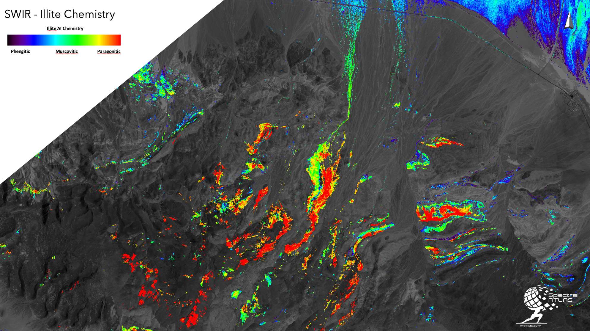 Figure 7: SWIR HSI image showing the fennitic, musconitic and paragonitic chemistry of Illite, demonstrating that the molecular structure can be identified with SWIR imaging.