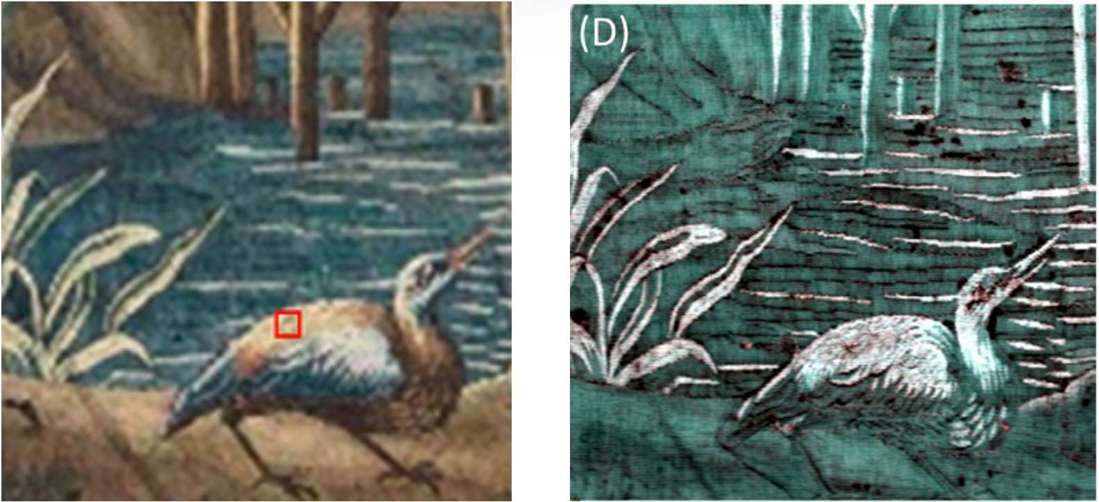 Figure 9: Specim SWIR camera used for material analysis on a tapestry. The image on the right shows the material composition – silk is white, the rest is wool.
