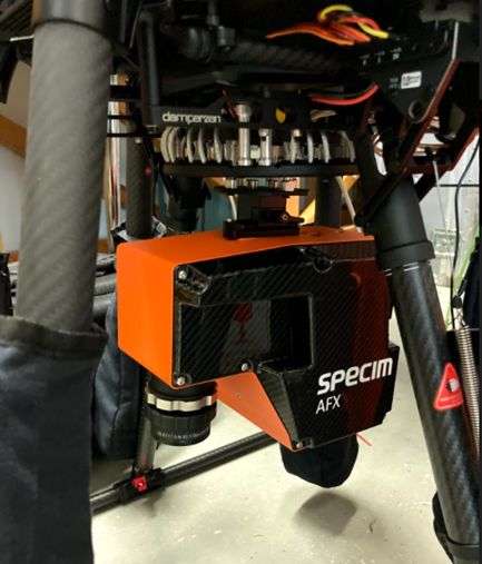 Figure 4: Fixed Damperzen mounts on a UAV with the Specim AFX camera. Figure 4: Fixed Damperzen mounts on a UAV with the Specim AFX camera.